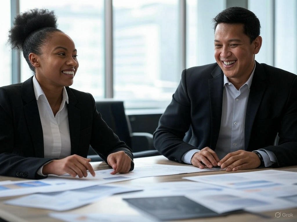 A man and a woman talking to each other while smiling